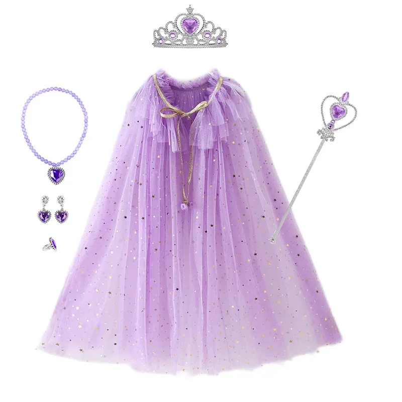 Girl Princess Costume Kids Party Accessories Cloak Crown Wand Necklace Earrings Rings Set Elsa Anna Rapunzel Aurora Tulle Cape G