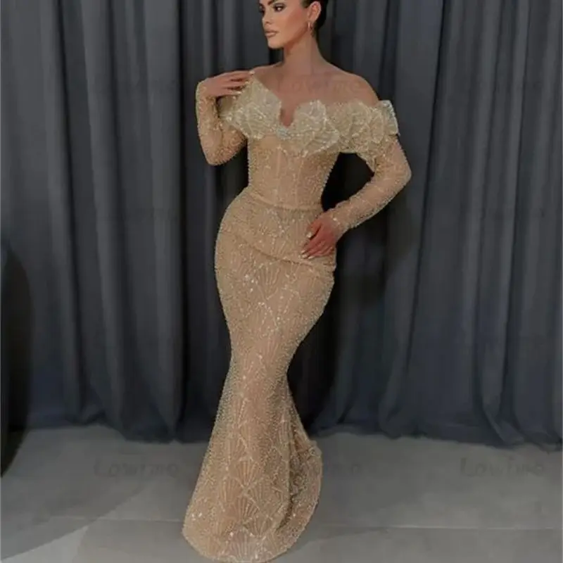 Champagne Evening Dresses Mermaid Party Gowns 3D Leaf Arabic Long Sleeves Prom Dress Women Aso Ebi Birthday Engagement Dresses