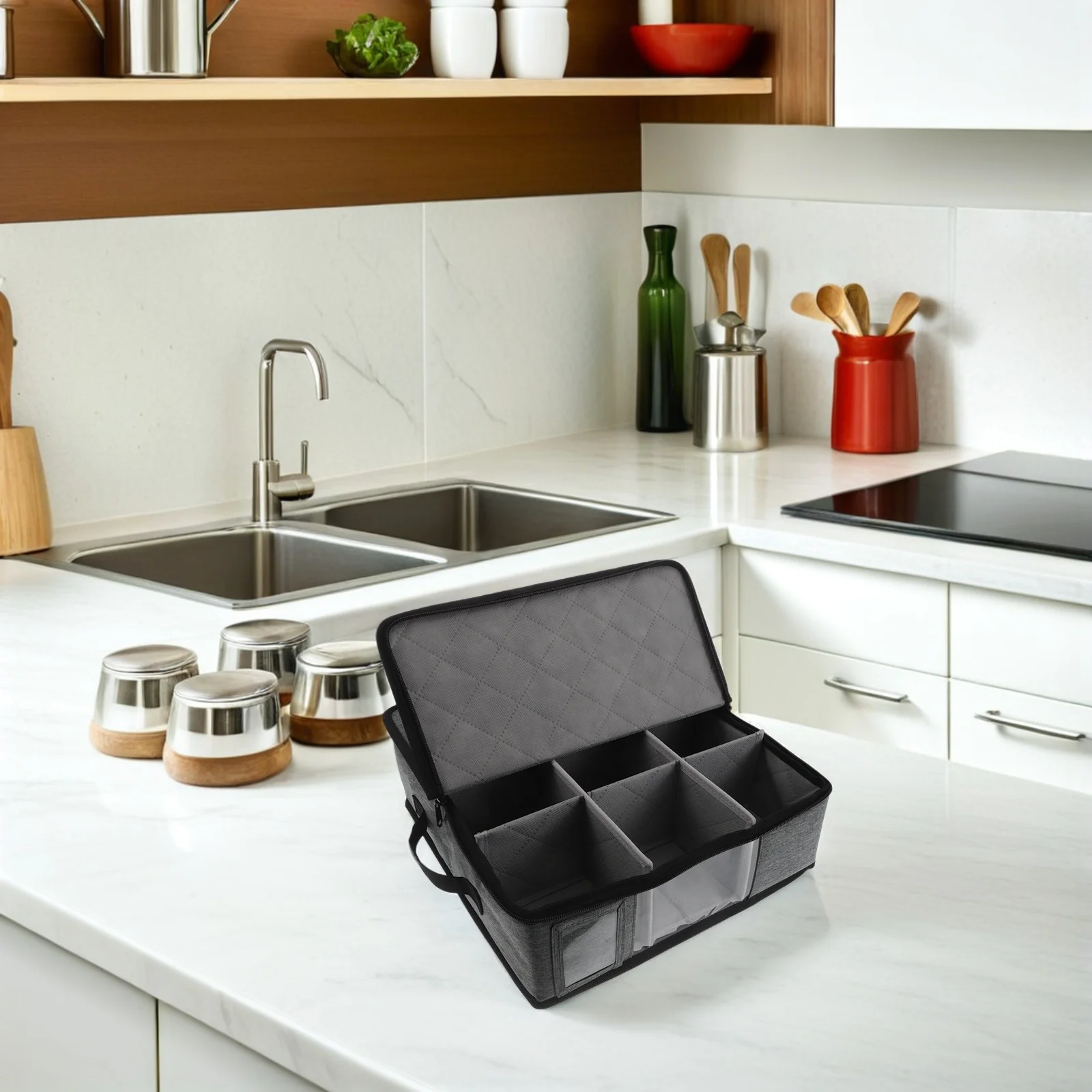 

Coffee Mug Storage Box Divided Organizer Lid Handles Zipper Cup Holder Kitchen Office Tea Cups Protection Container