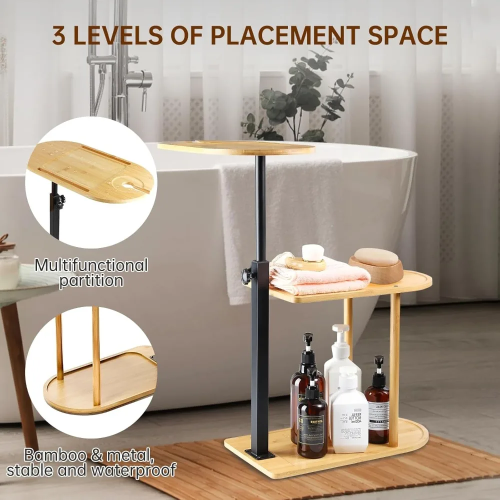 صينية حوض استحمام من الخيزران مكونة من 3 طبقات مع 360 درجة ° طاولة جانبية دوارة قابلة للتعديل للحمامات والشقق الصغيرة #5