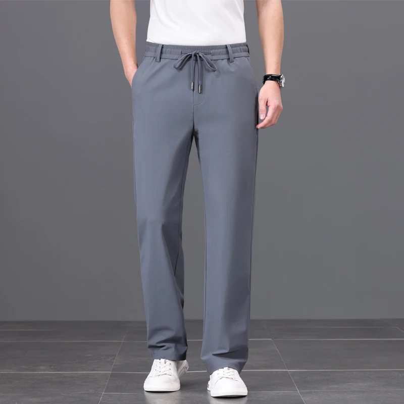 Pantaloni casual in seta di ghiaccio Pantaloni estivi da uomo vestibilità ampia gamba dritta Pantaloni da lavoro sottili Qui Dry Busin Casual in fibra di poliestere