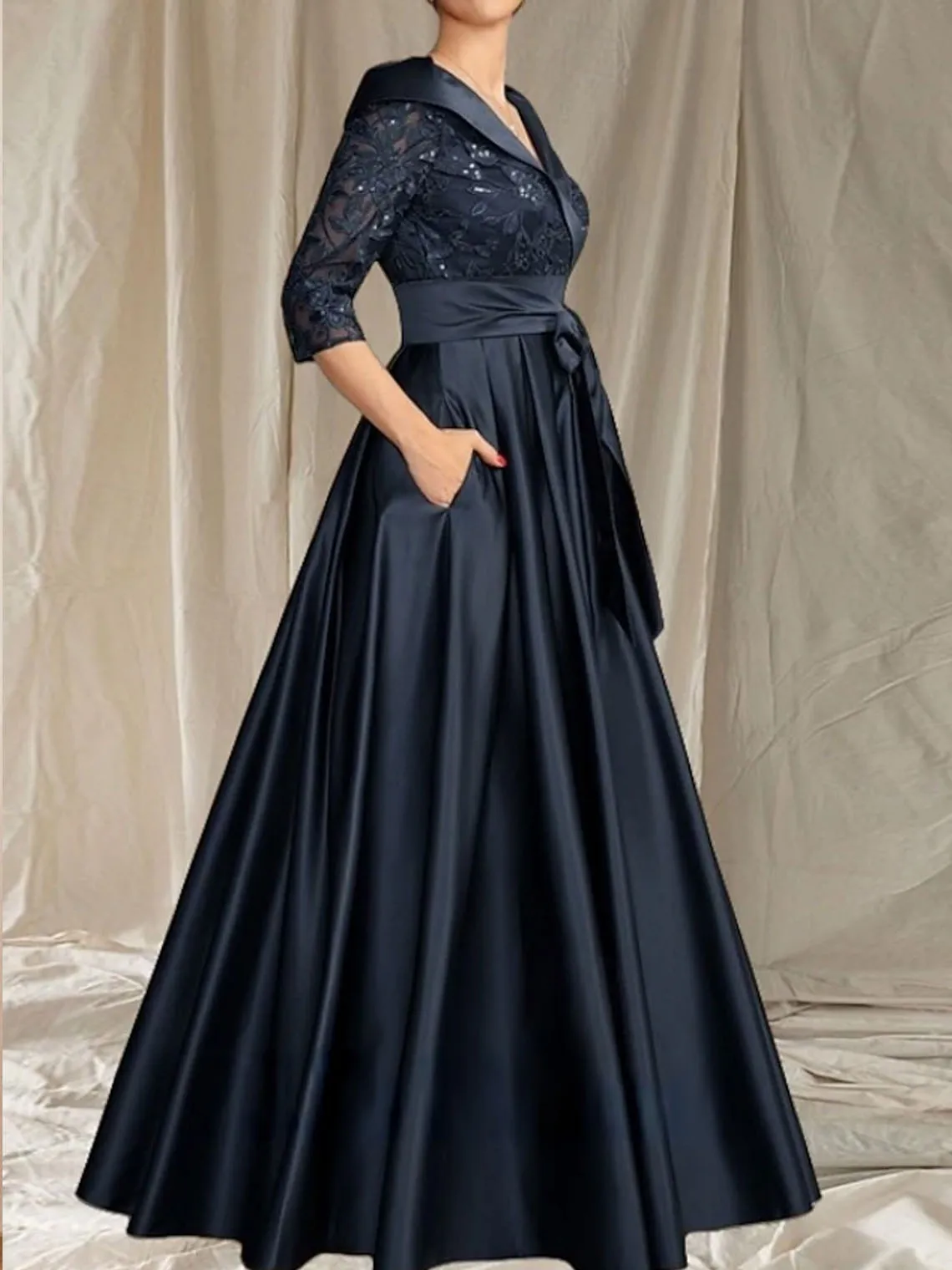 Elegant A-Line Silk Satin Lace Wedding Dress V Neck Floor Length 3/4 Sleeve Bow Knot Formal Evening Gown 2025 free customized