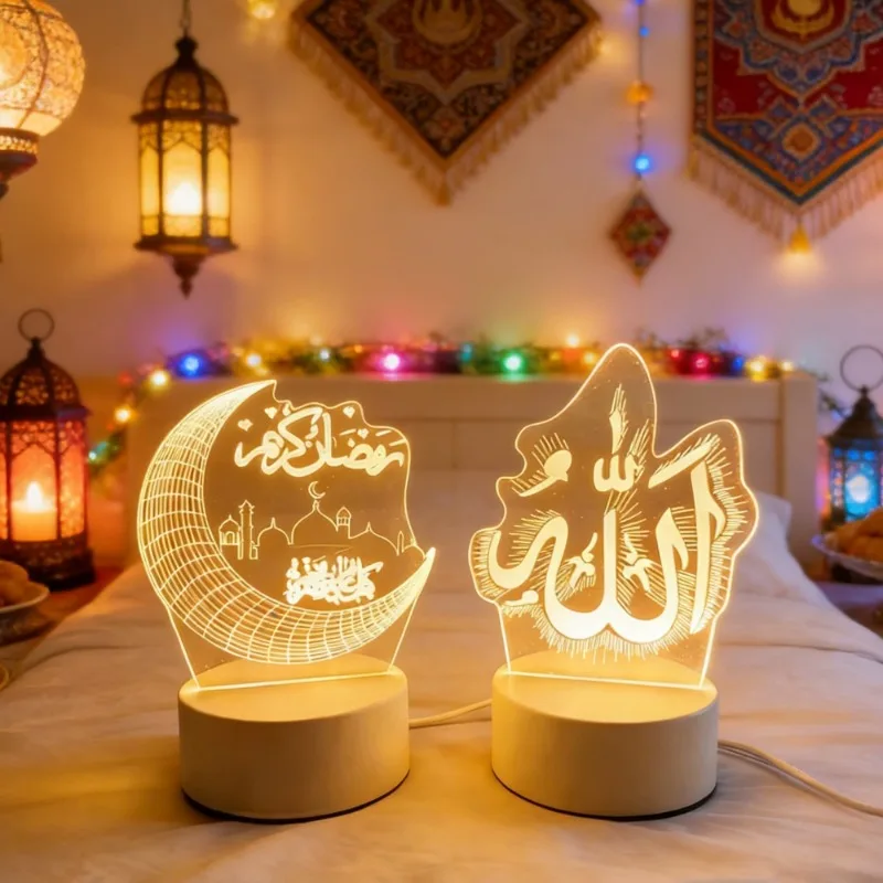 

3D Acrylic LED Night Light EID Mubarak Ornaments Neon Lamp Bedroom Home Decor Muslim Ramadan Festival Supplies USB Operated