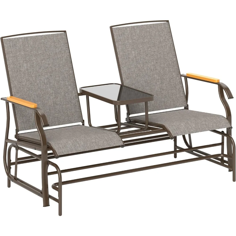 

2 Person Outdoor Glider Bench, Patio Swing Glider Chair Loveseat with Breathable Mesh, Table, Steel Frame for Garden, Backyard,