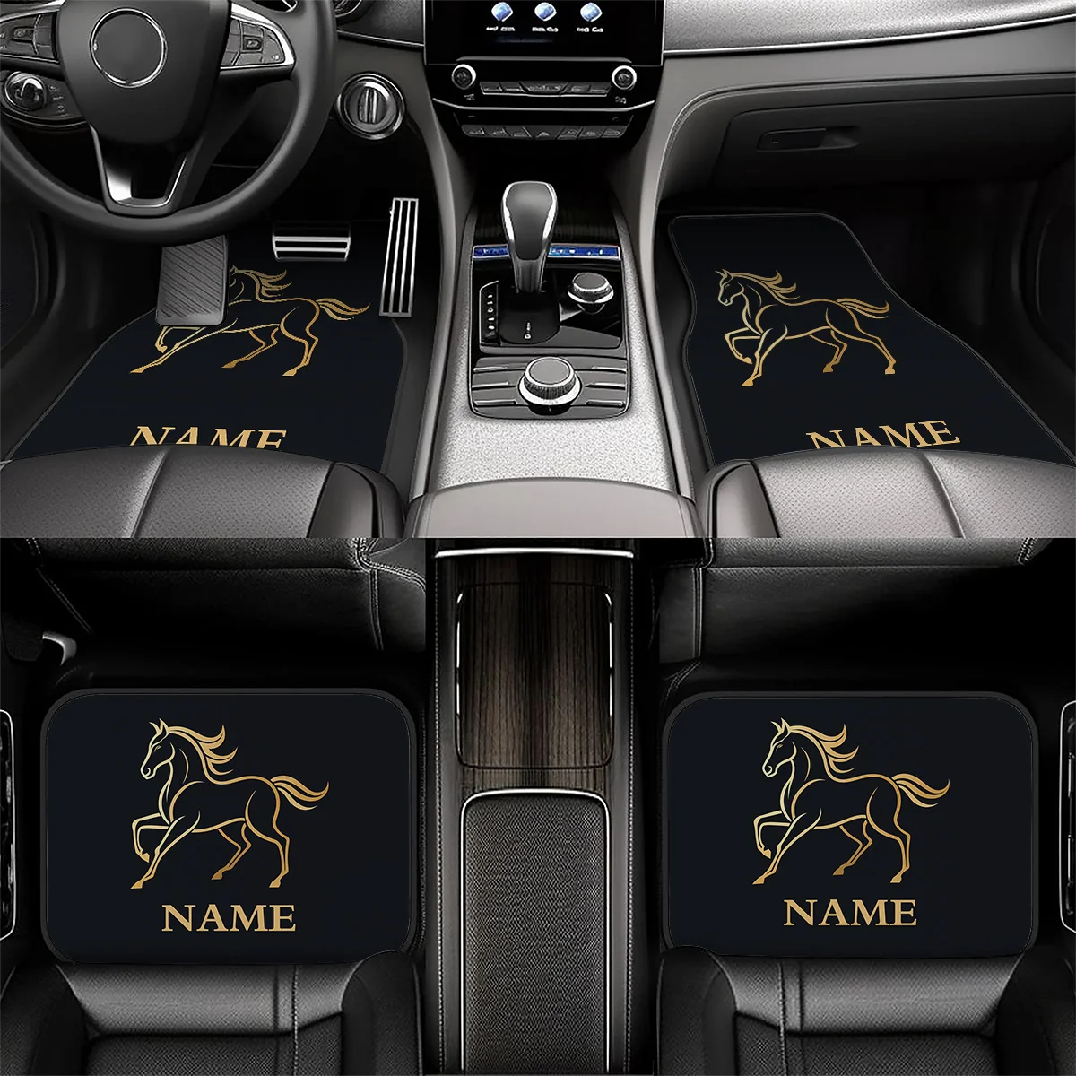 4pcs Customizable Name Car Mats With Fashionable Creative Yellow Horse Galloping Personalized Design Print Pattern - Perfect Gif