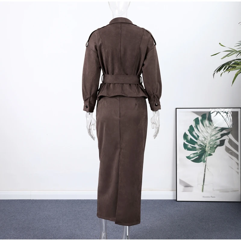Frauen Braun Wildleder Abgeschnitten Trenchcoat Jacke Gürtel Kerb Revers Spitze-up Retro Chic Oberbekleidung Herbst Winter High – Detail 5
