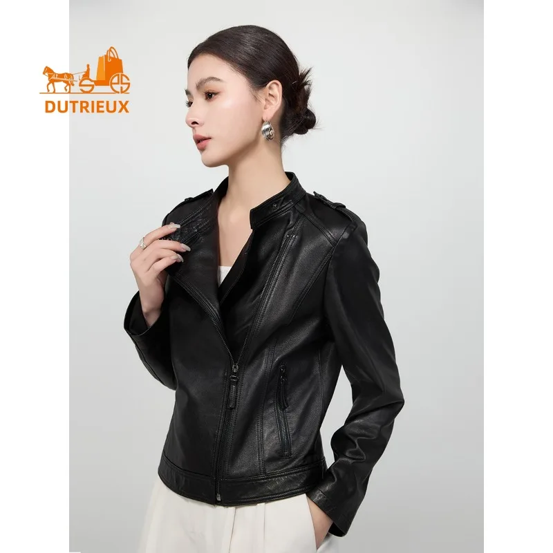 Autumn and Winter Short Stand Collar Slim Motorcycle Real Leather Jacket, 100% Genuine Sheepskin, High Quality Durable Coat