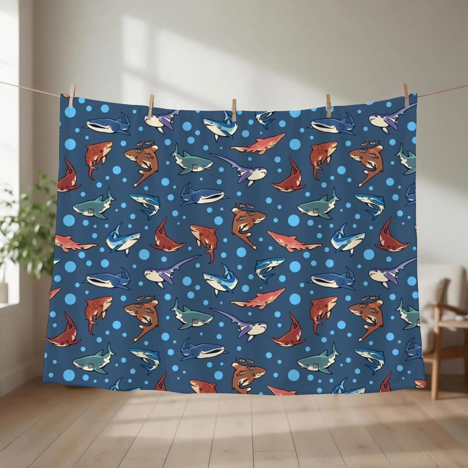 Sharks in the dark blue Throw Blanket couch cozy soft plush fuzzy picnic outdoor blanket