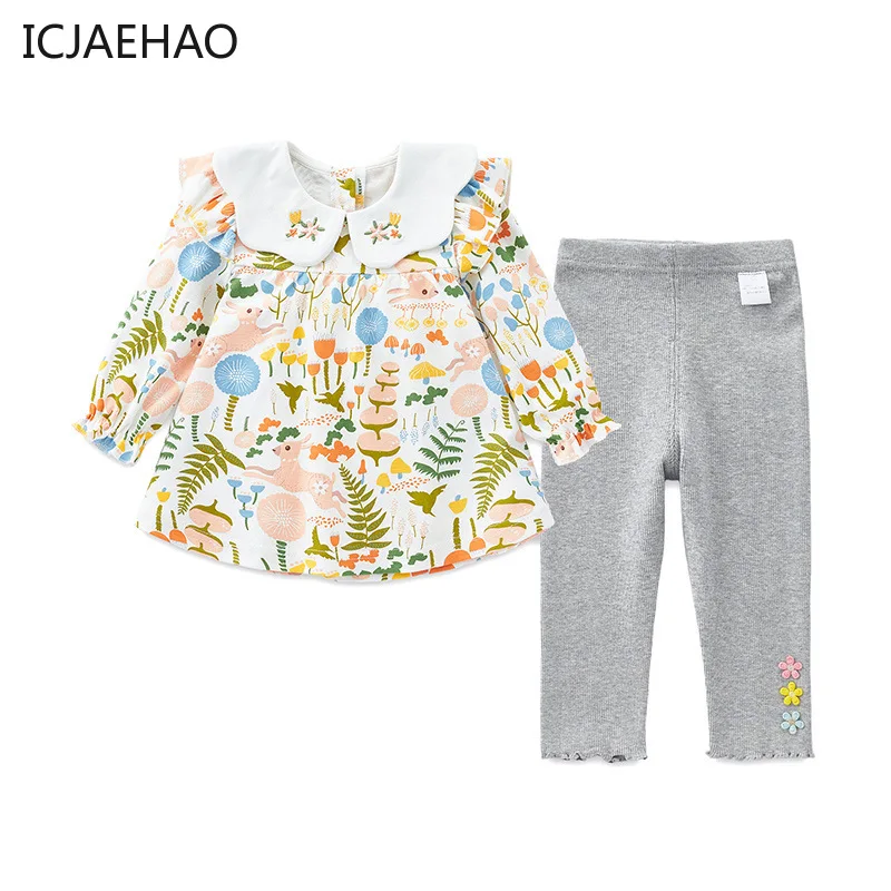 

ICJAEHAO Childrens Floral Clothing Girl Set Korean Girl Baby Outfit Kids Flower Embroidery Top With Pants Baby Girl Clothes Sets