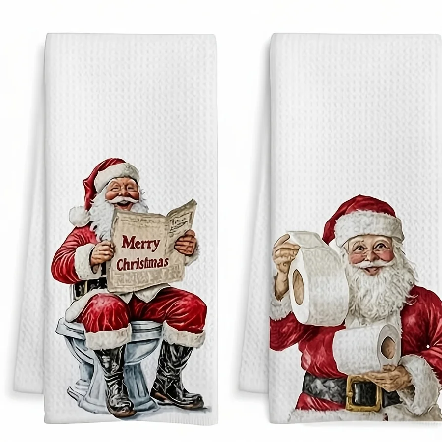 2-Pack fun Santa kitchen towels for kitchen washing dishes, etc. Christmas farm decoration themed tea towels