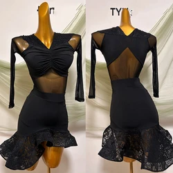 Nuovo vestito da ballo latino per le donne tuta a maniche lunghe in rete gonna in pizzo a lisca di pesce vestito Chacha Rumba Tango abbigliamento latino DQS15004