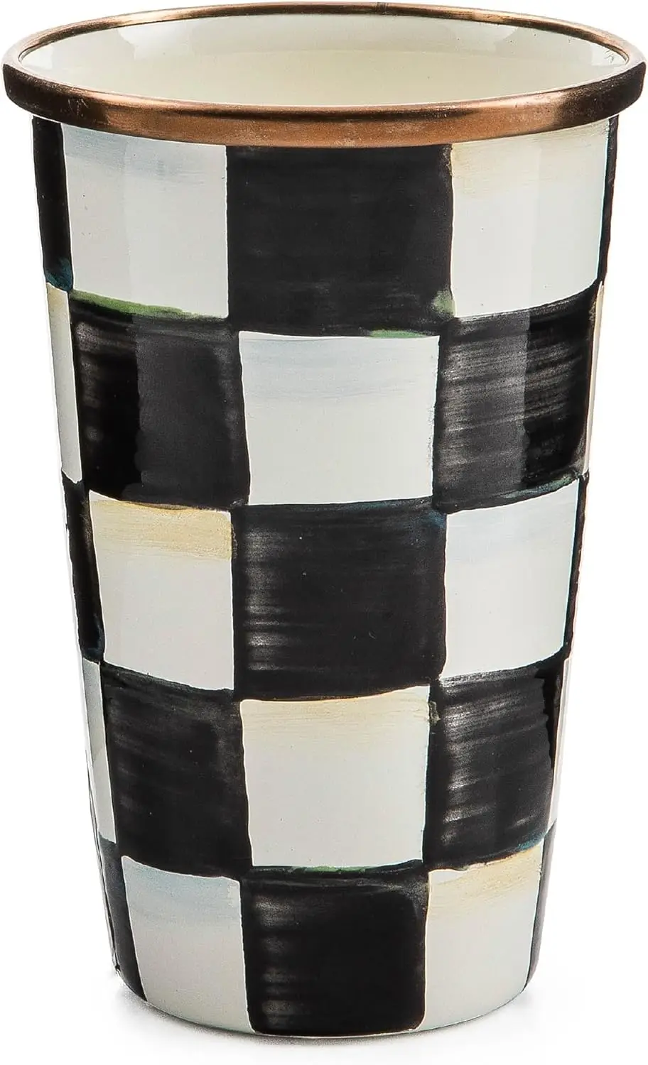 

Enamel Tumbler, Open Tumbler Cup, Cute Enamelware Cup, 10 Ounces, Black-and-White Courtly Check