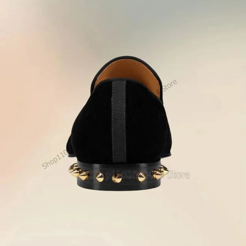 

Gold Rivets Decor Black Square Toe Flock Loafers Fashion Slip On Men Shoes Luxury Handmade Party Feast Office Men Casual Shoes