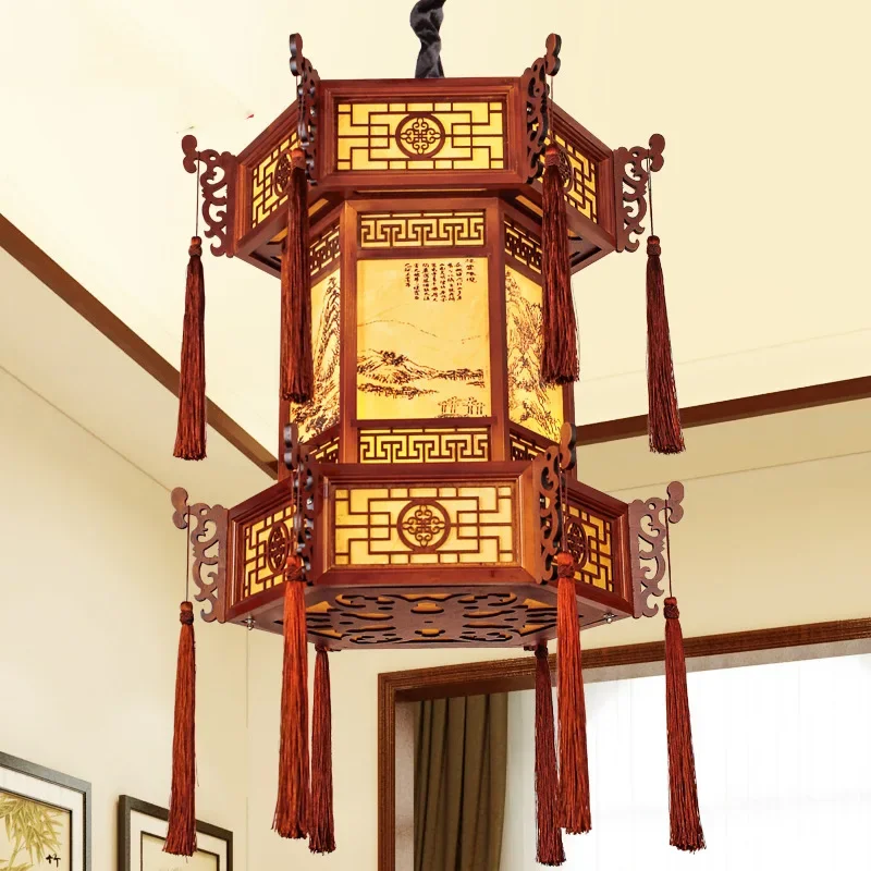 Chinese antique solid wood palace lamp teahouse corridor hall hot pot restaurant box eaves temple retro wood chandelier