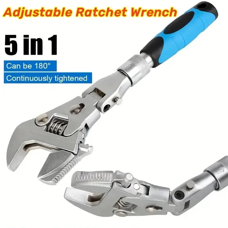 5 In 1 Adjustable Torque Universal Ratcheting Wrench Maintenance 180 Degree Folding 10-Inch Pulley With Rotating Head Hand Tools