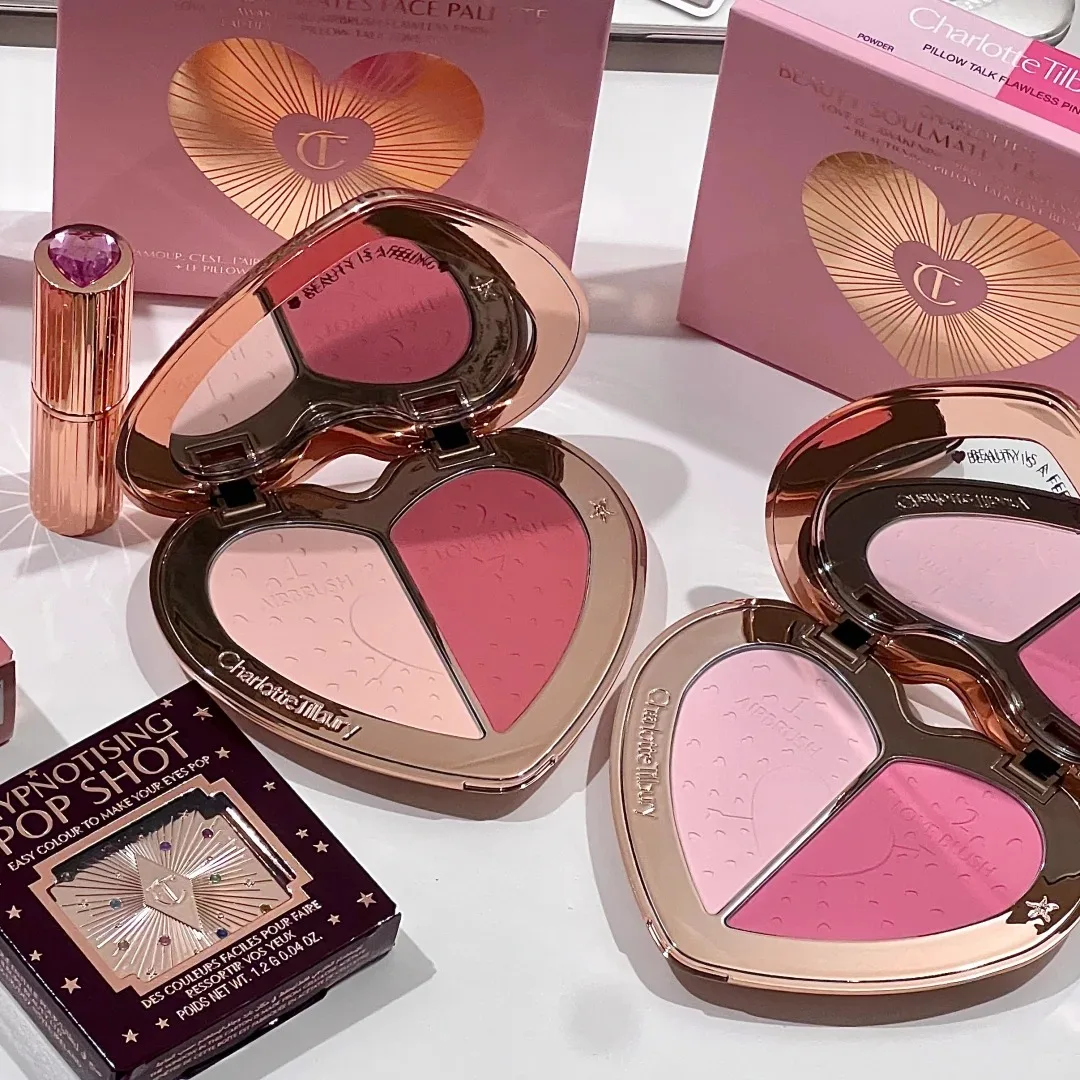 Charlotte 4-Color Pink Diamond Heart-Shaped Lipstick Luminous Lip Glow&Two Color Heart Shape Powder Blusher Tilbury Cosmetics