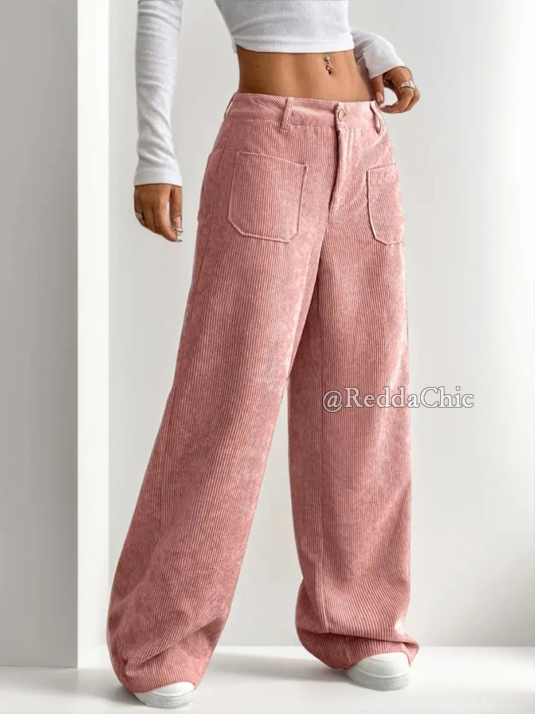 REDDACHiC Winter Corduroy Pink Pants for Women Minimalist Plain High Waist Straight Wide Leg Long Trousers Leisure Daily Wear