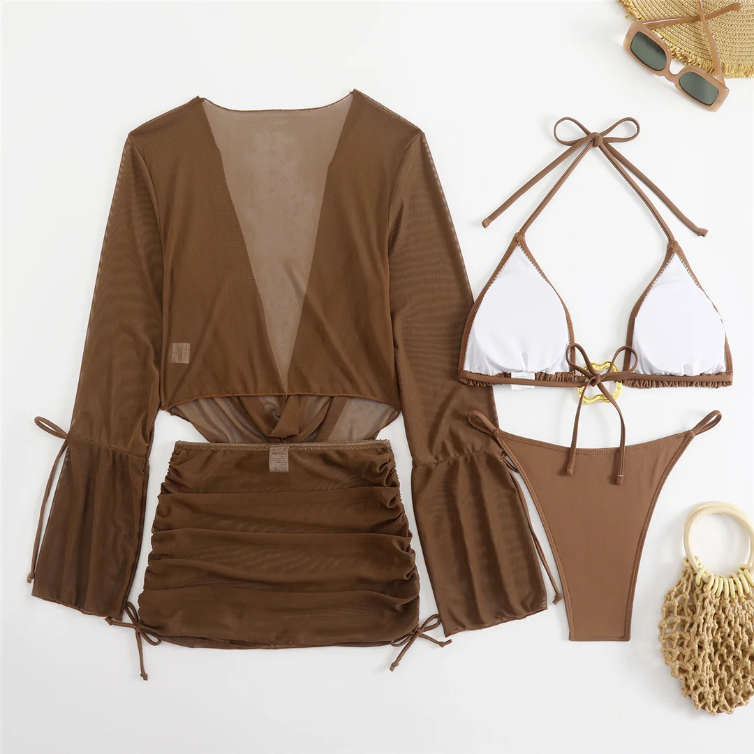 3-teiliges weißes Bikini-Set mit langen Ärmeln, Rock und Badeanzug für Damen, Badebekleidung, vierteiliges Bikini-Set, Badeanzug, Badebekleidung, Schwimmanzug V7015 – Detail 26