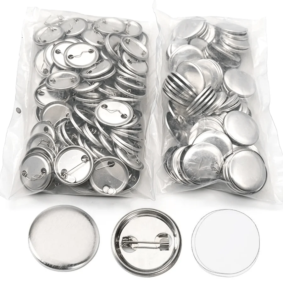 12/25/60 Sets Round Blank Metal Badge Pin Backs, Silvery Button Base with Safety Pins & White Plastic Film Liners DIY Brooch XJM