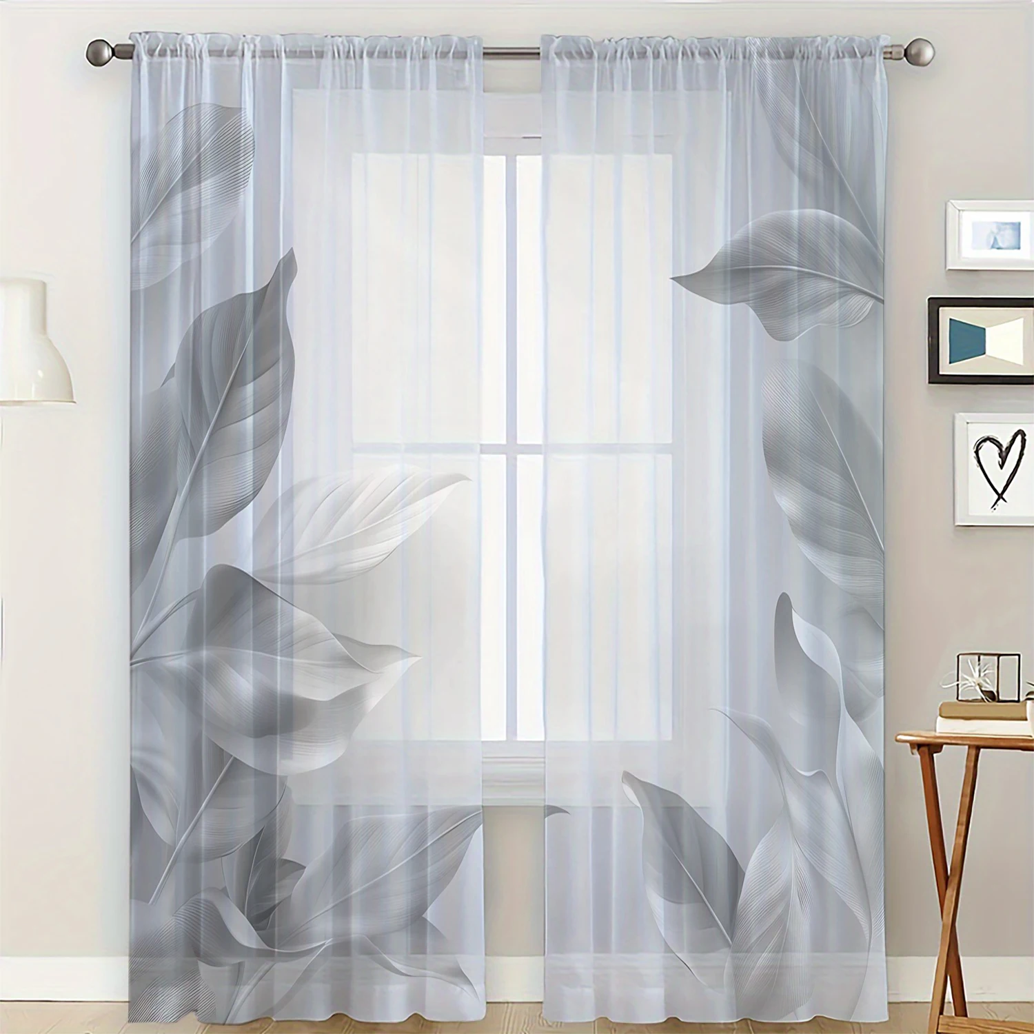 2 Pieces HD Digital Grey Leaves Printed Window Screen Home Decor Style Decoration Living Room Bedroom Rod