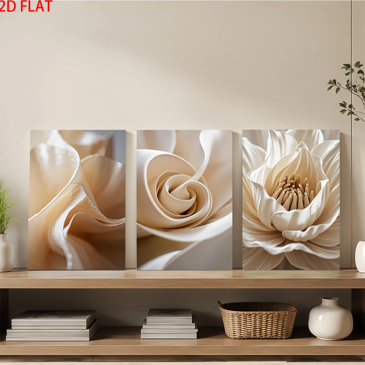 Frameless Canvas 2D Flat 3pc Wall Art – Three Canvas Prints Show Cream Flower Petals In Different Stages Perfect For Aesthet