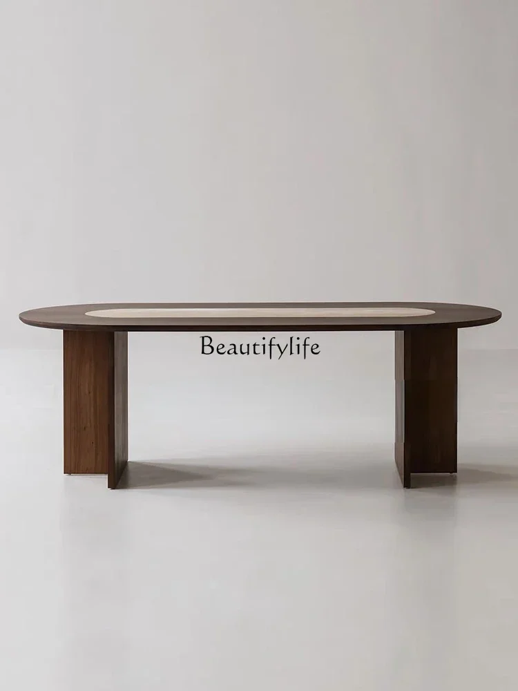 

Medieval solid wood oval Nordic simple retro walnut color marble travertine