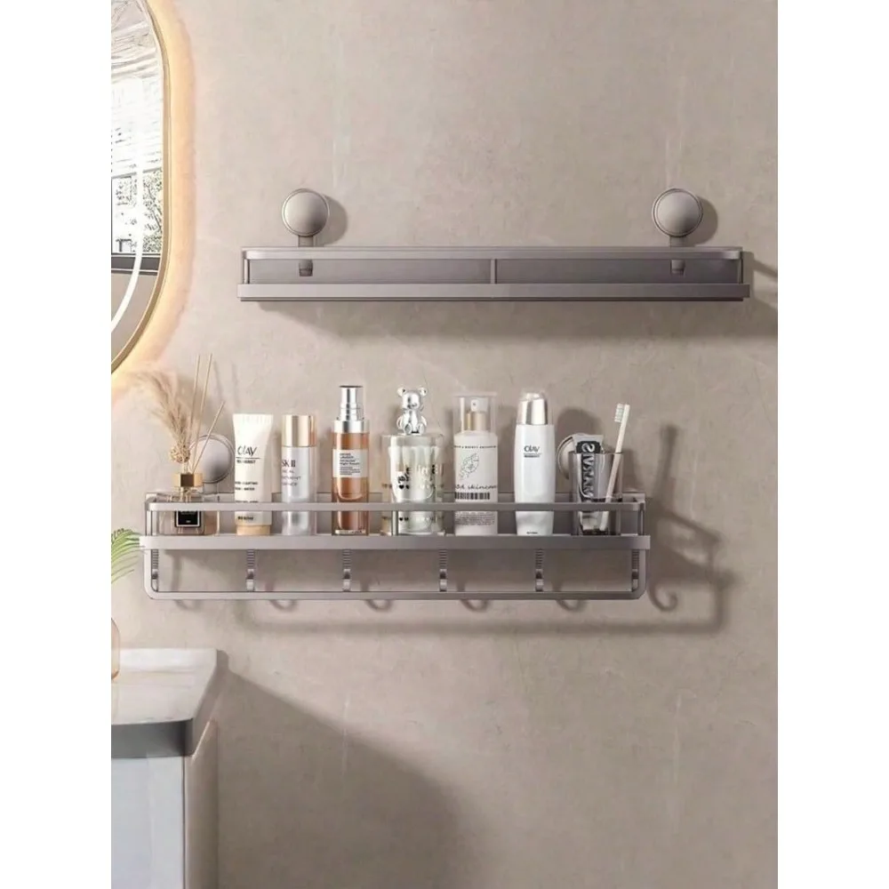 

1PC Rust-Resistant Wall-Mounted Shower Storage Rack With Suction Cups – Heavy-Duty Suspended Storage Rack With Towel Hooks, A Space-Saving Bathroom Organizer That Can Hold Shampoo, Soap, And Accessories.