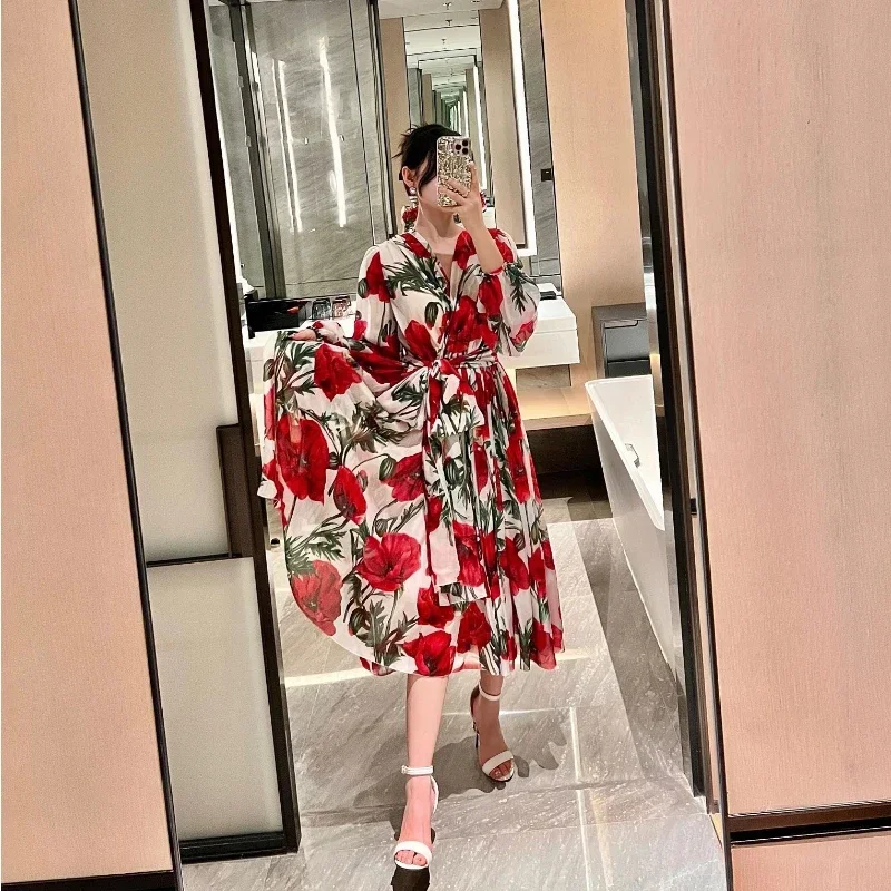 

2023 Spring Summer Top Quality Red Flower Printing Pure Natural Silk Self Tie Belt Midi Length Dresses Women