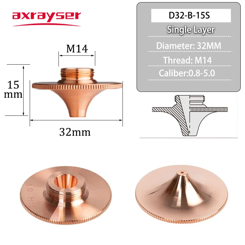 Imagem -02 - Raytools Bicos de Corte a Laser D32 M14 Máquina de Fibra de Alta Velocidade Única Camada Dupla Calibre 0.85.0 Cromado Axrayser Tipob