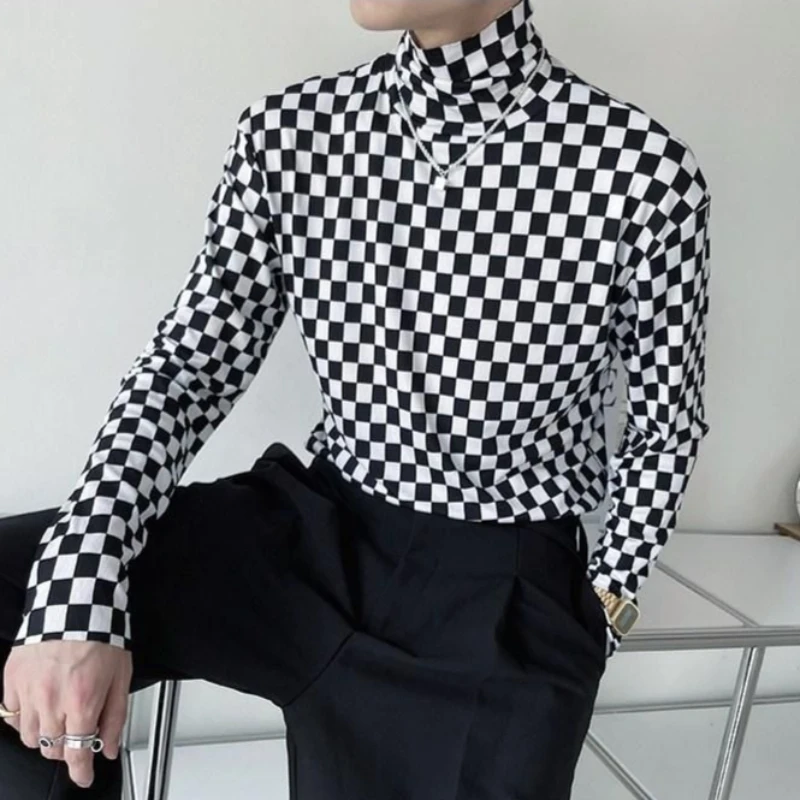 Men's Long Sleeve High Neck Slim Fit T-Shirt Plaid Color Block Print Trendy Versatile Base Layer Top
