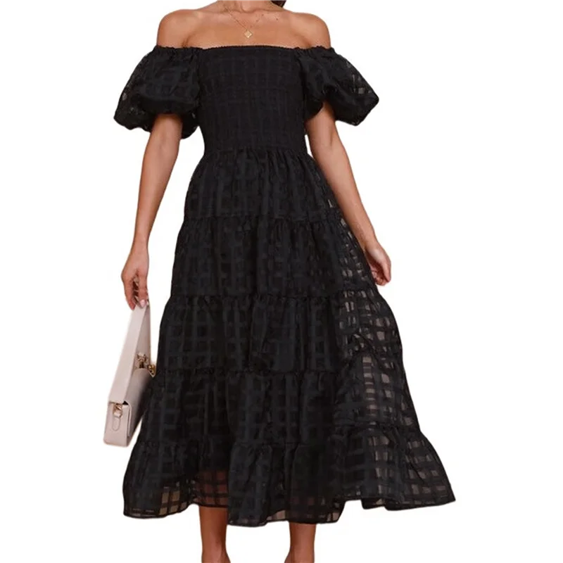 ASDS-Vestidos femininos maxi de manga curta e gola quadrada com camadas e linha A