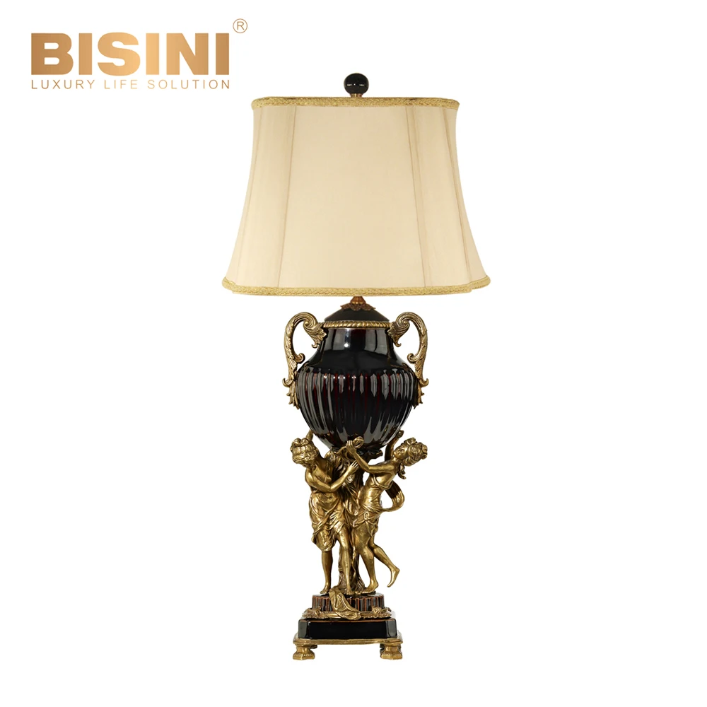 Classical American Style Black Porcelain Copper Angels Electric Table Clock Lampstand Lamp Decorative Cherubs Living Room Desk