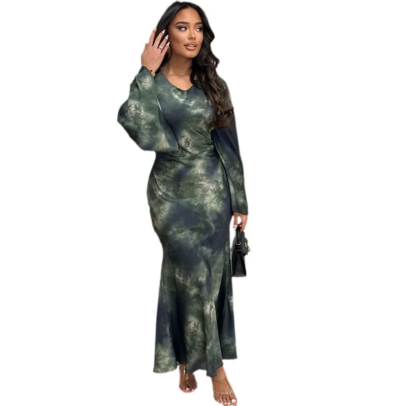 Elegante Vrouwen Print Maxi Jurk Lange Mouw Losse O-hals Bandage Satijnen Kleding Mode Dame Casual Jurken 2025