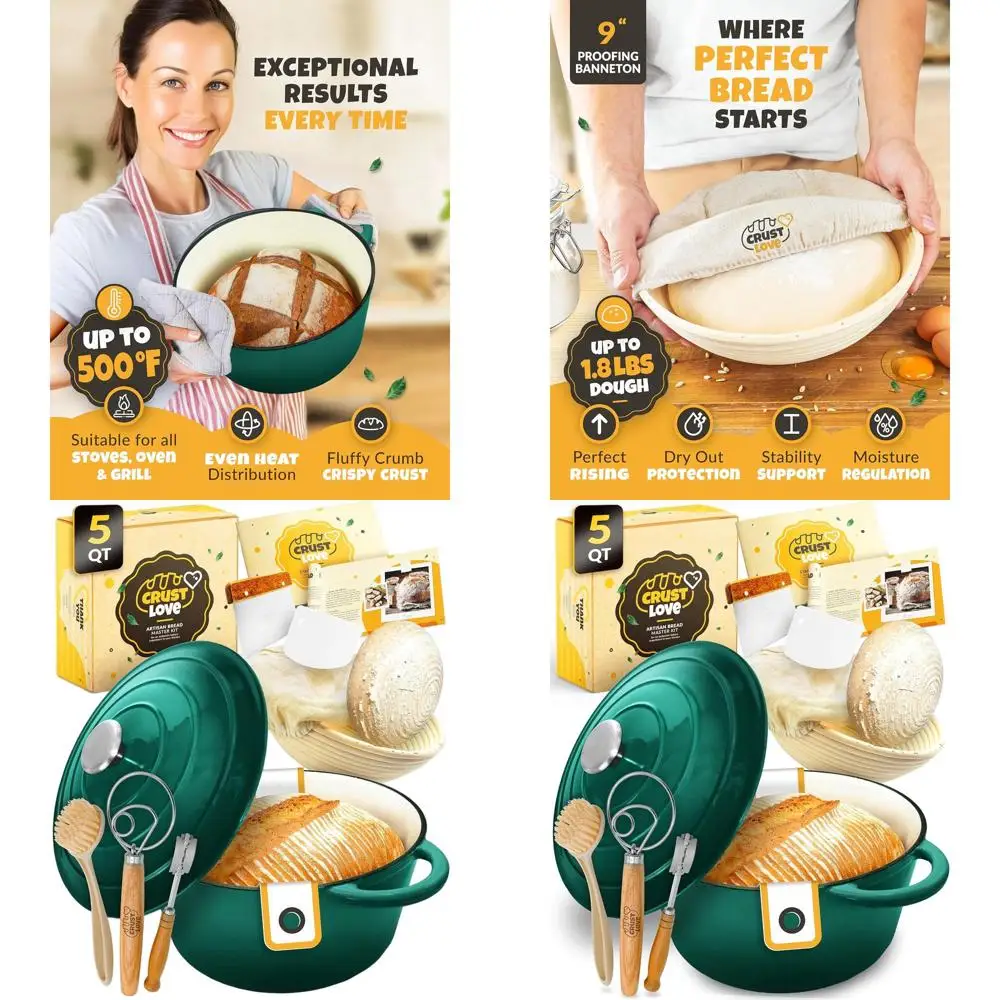 

5-Quart Enamel Cast Iron Dutch Oven with Lid for Bread Baking, Including Sourdough Supplies: Banneton Basket, Baking Pan, and Sc
