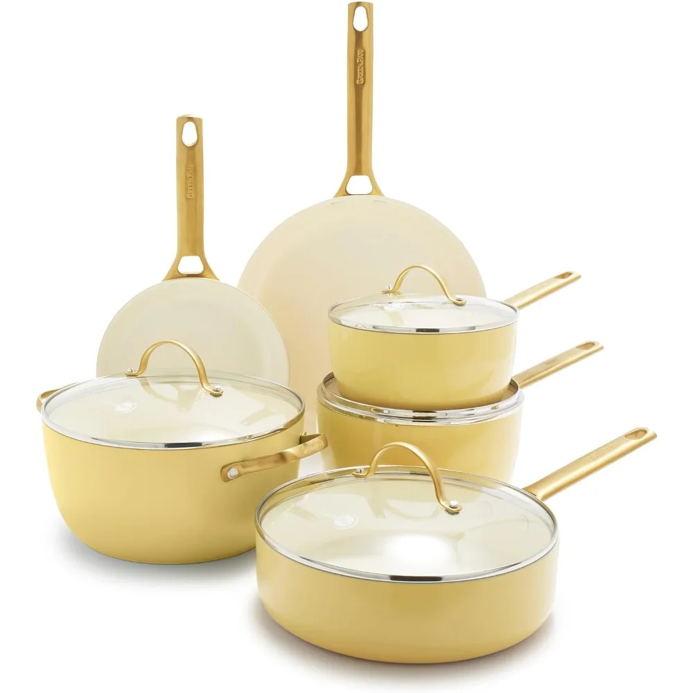 

Reserve Hard Anodized Healthy Ceramic Nonstick 10 Piece Cookware Pots and Pans Set, Gold Handle, PFAS-Free