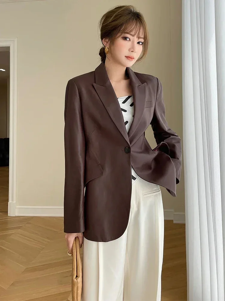 Leder echte Damen Blazer Jacke Frühling Herbst 2024 neue Mode Single Button lang ärmel ige natürliche Schaffell Mantel Jaqueta