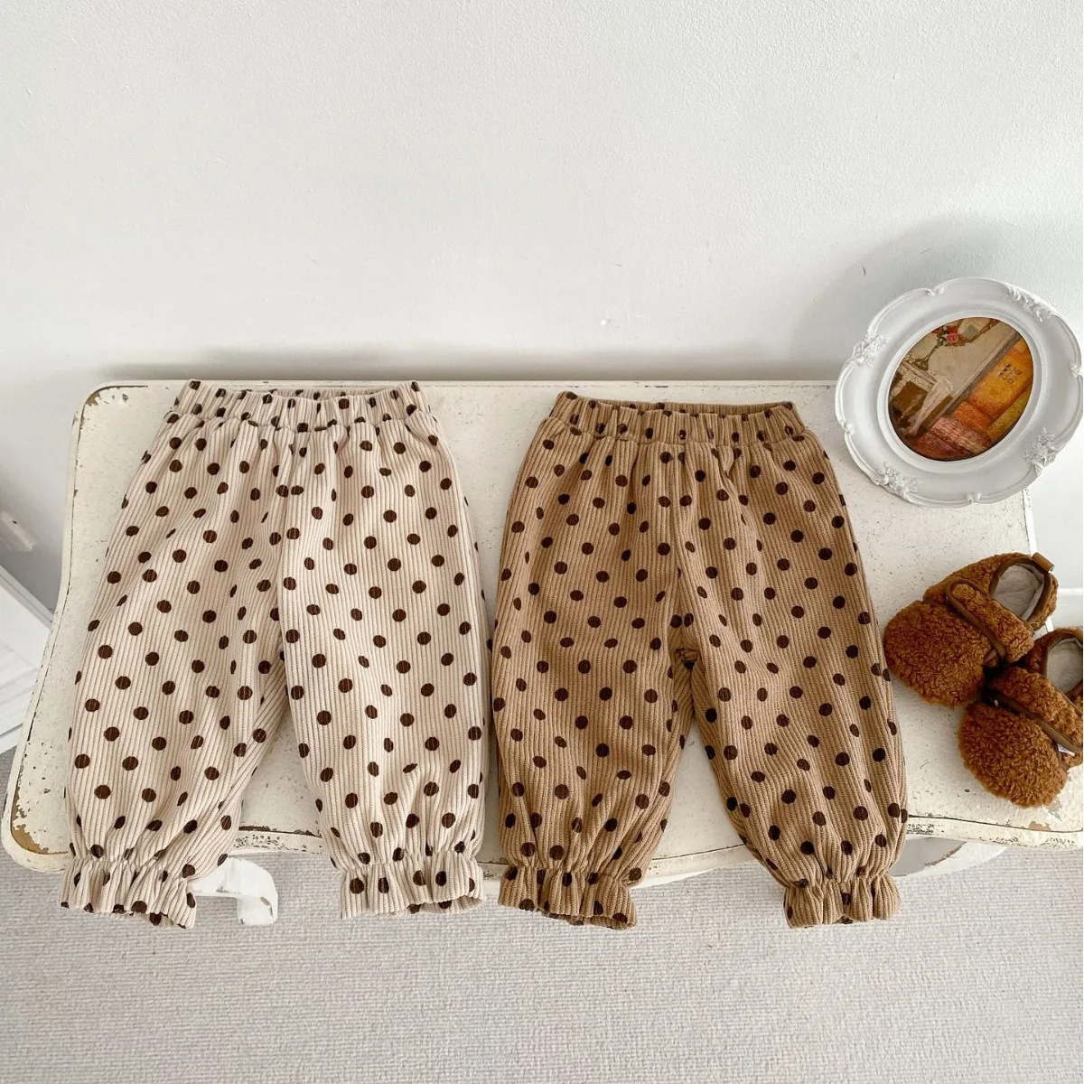 

Autumn and Winter Plus Velvet Children's Corduroy Pants for Men and Women Baby Polka Dot Thickened Casual Pants Loose Trousers