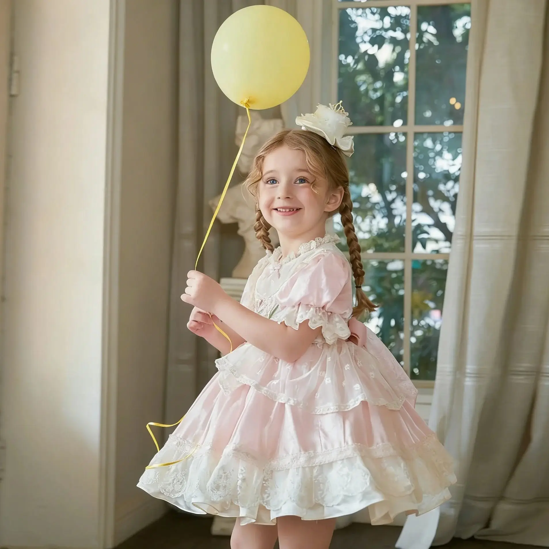 

Lovely Customized Flower Girl Dresses for Wedding Short Sleeve Lace Mesh Lolita Baby Girl Birthday Party First Communion Gown