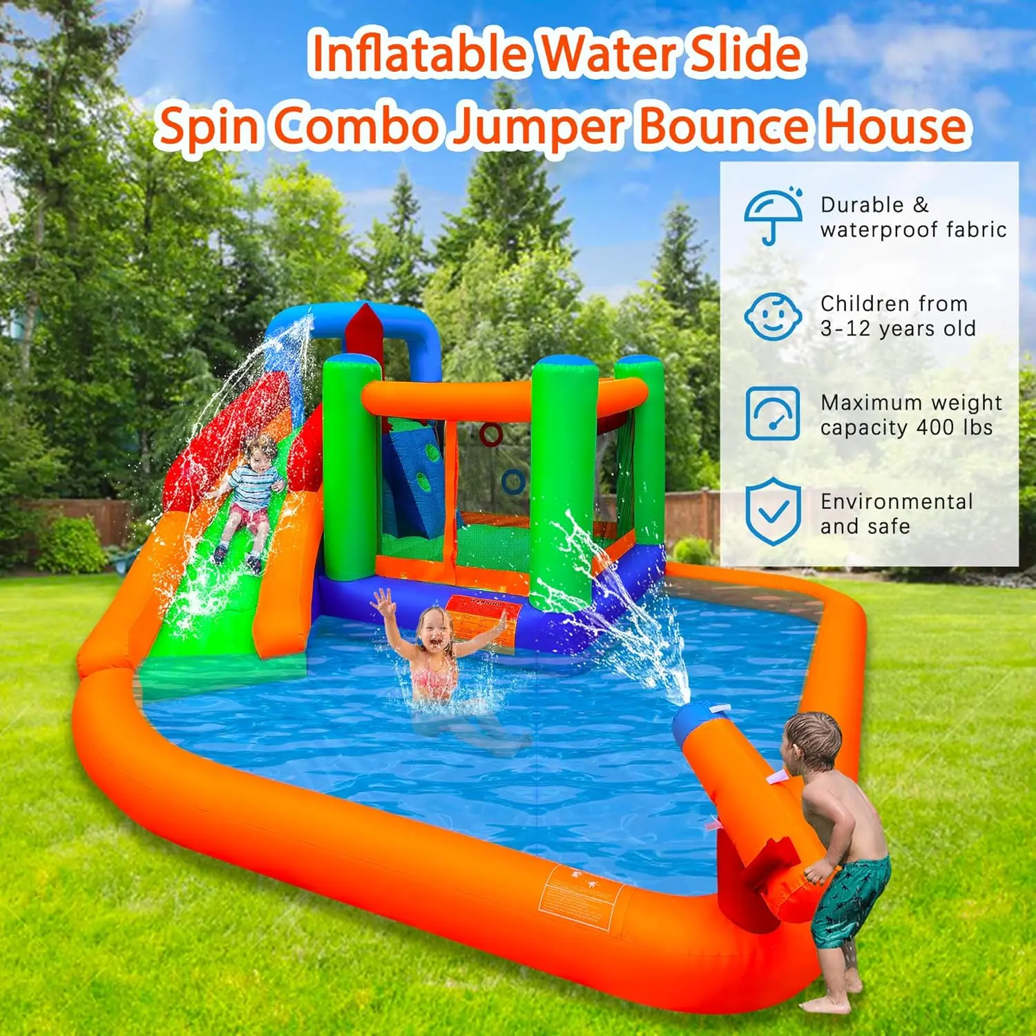Inflatable Water Slide Bounce House 7-in-1 with Giant Sliding Board, Jumping Zone, Climbing Wall, Kiddie Pool, Water Blaster, Basketball Hoop, and 550W Air Pump for Outdoor Backyard Water Fun