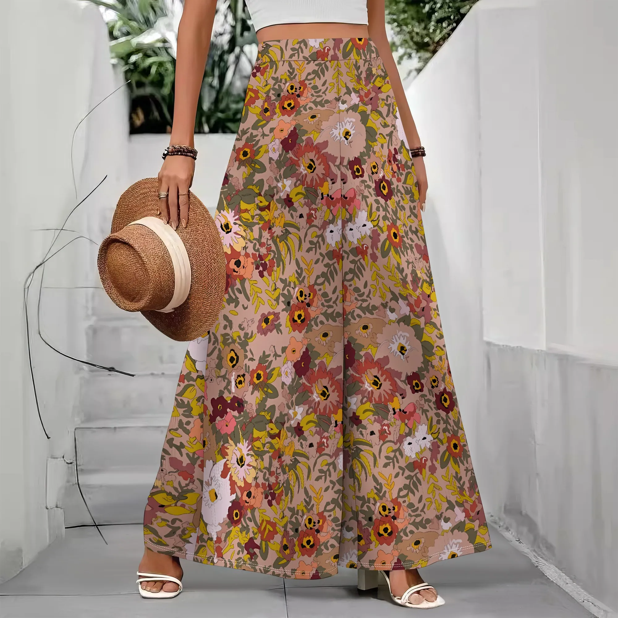 

Women's Burgundy Plaid Wide-Leg Flare Pants Polyester Casual Winter Trendy