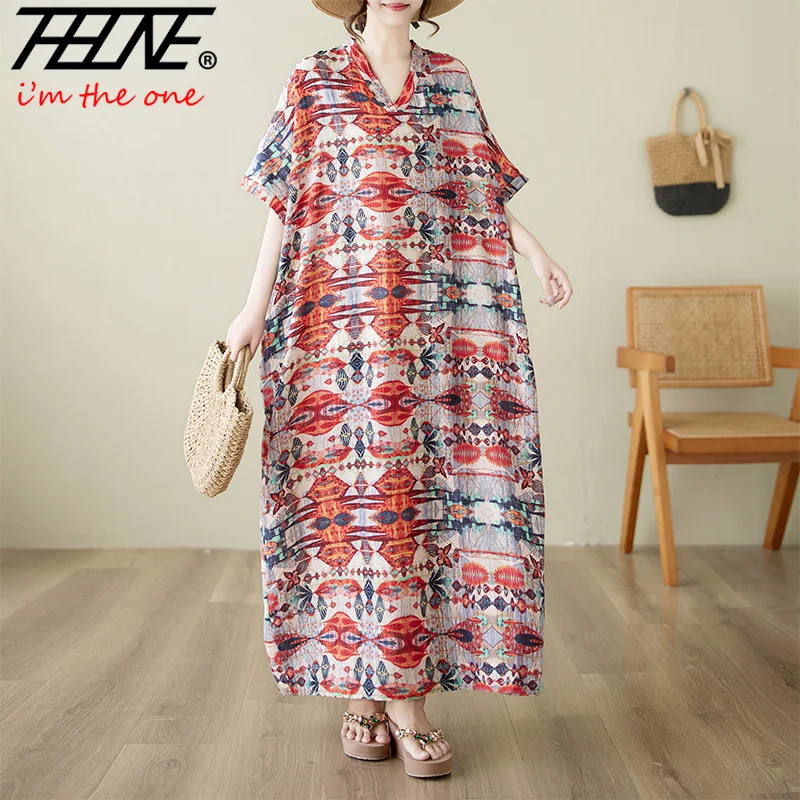 

THHONE летнее платье женское 2025, большие размеры, богемный пляжный стиль, винтажное праздничное свободное повседневное длинное платье с v-образным вырезом, женская одежда