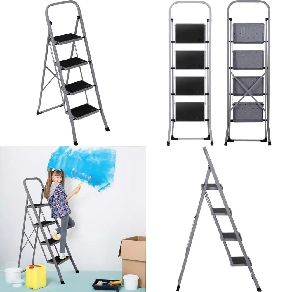

Folding Heavy Duty Steel Ladder, Wide Anti-Slip Pedal, 330 lbs Capacity, Portable Sturdy 4-Step Ladder for Home Garden Use