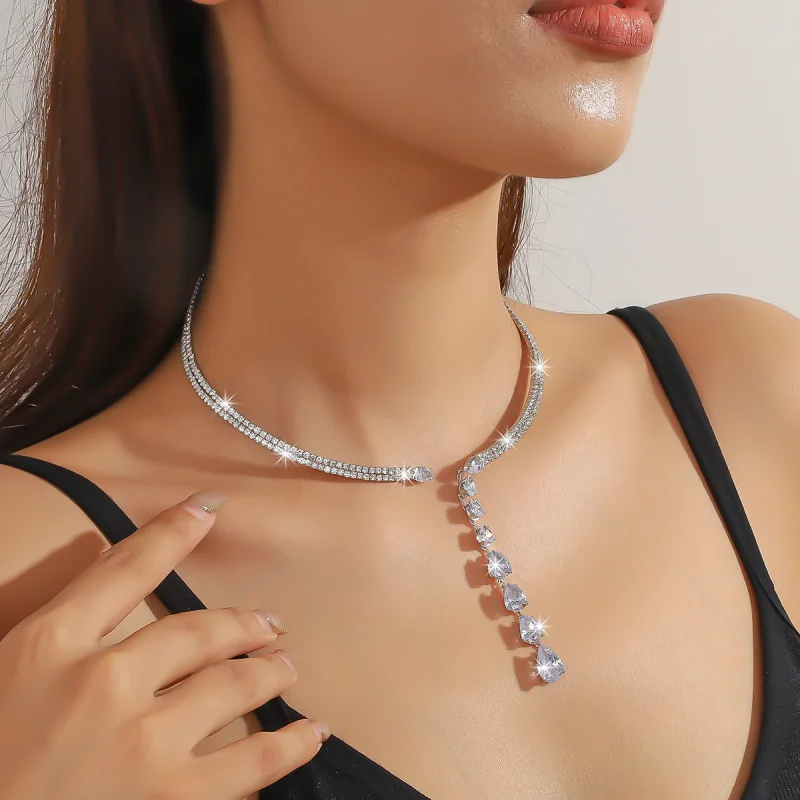 

European and American Luxury Fashion Simple Double Layer Full Diamond Collar Geometric Shape Long Fringe Water Drop Zircon Colla