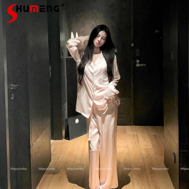 حجر الراين الأصلي الحرير الجليد المتسكعون النساء الفاخرة طويلة الأكمام منامة مجموعة السيدات ربيع الخريف بلون Homewear دعوى