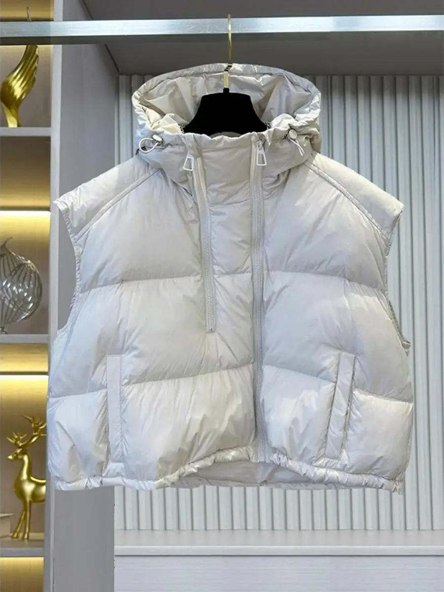 Women's Fashionable Double Zipper Hooded down Vest White Duck Feather Multi-Purpose Autumn Winter Short Style Polyester Fiber
