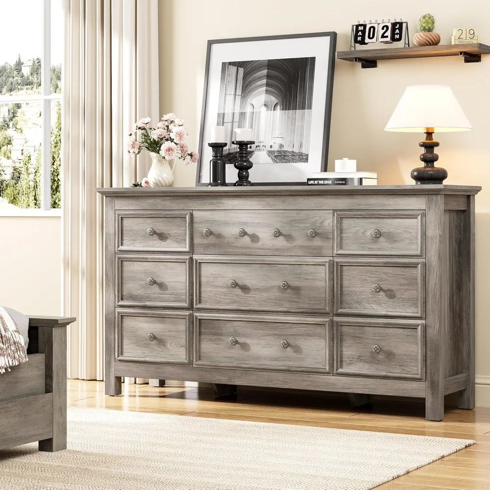 خزانة ذات 9 أدراج، خزانة كبيرة مقاس 57 بوصة لغرفة النوم، خزانة ذات أدراج خشبية بمقبض معدني، حامل تلفزيون لتلفزيون 70 بوصة