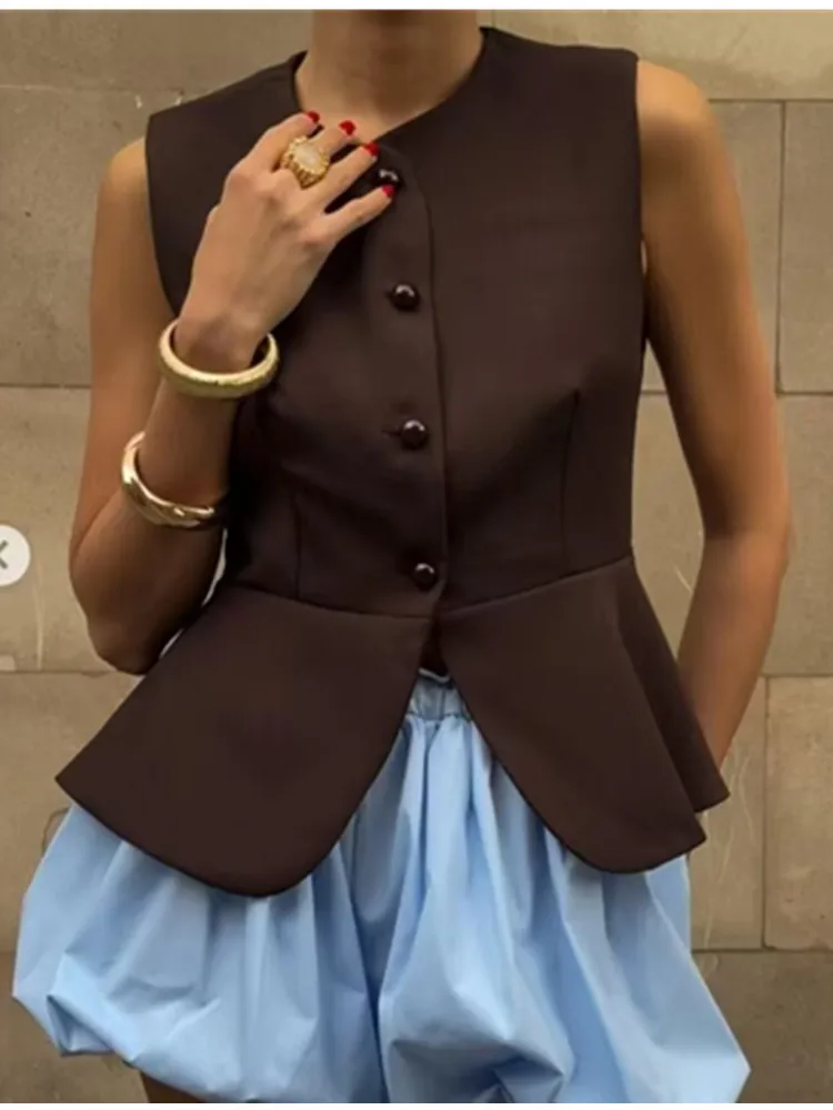 

Zevity 2025 женский модный однотонный костюм с круглым вырезом и пуговицами, жилет, куртка, женский деловой тонкий жилет, топы CT9418