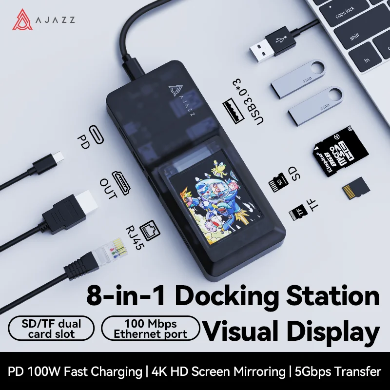 Ajazz AKP01E Type-C Docking Station 8-in-1 met scherm, desktopbediening, 4K High-Definition projectie, TF/SD Dual Car