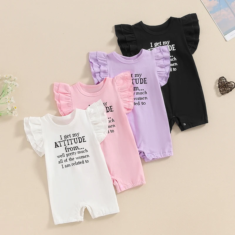 

2024-03-26 Lioraitiin 0-18M Summer Baby Girls Rompers Letter Print Round Neck Fly Sleeve Infant Jumpsuits Clothes