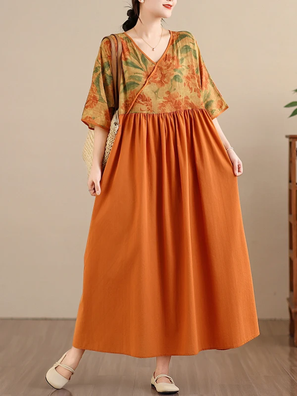 V-Neck Splice Cotton Lin Summer New Style Retro Dress plus Size Belly Concealing Loose Waist Short Sleeve A-Line Dress